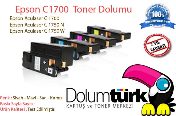 Epson C1700 / C1750N / C1750W Toner Dolumu Siyah + Kırmızı + Mavi + Sarı 1 Set Toner Dolumu + Yeni Çip Ücreti